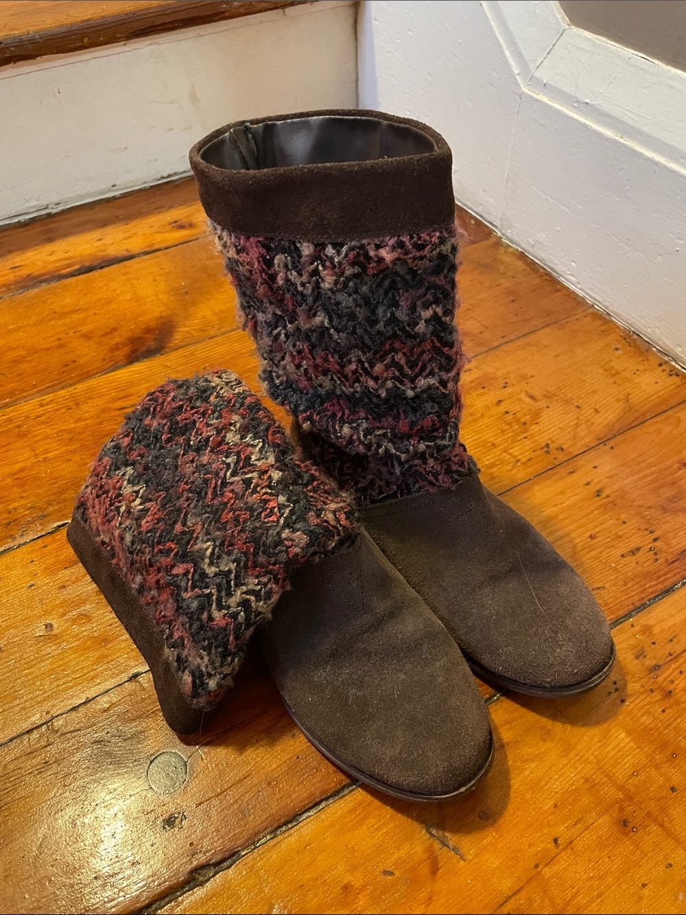 Toms Brown Suede Boots with Multi-Color Knit Cuff